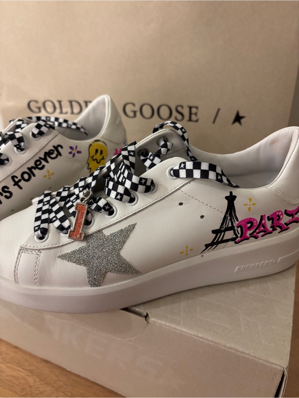 Golden Goose Purestar white leather silver Swarovski crystal star Size 37 Custom